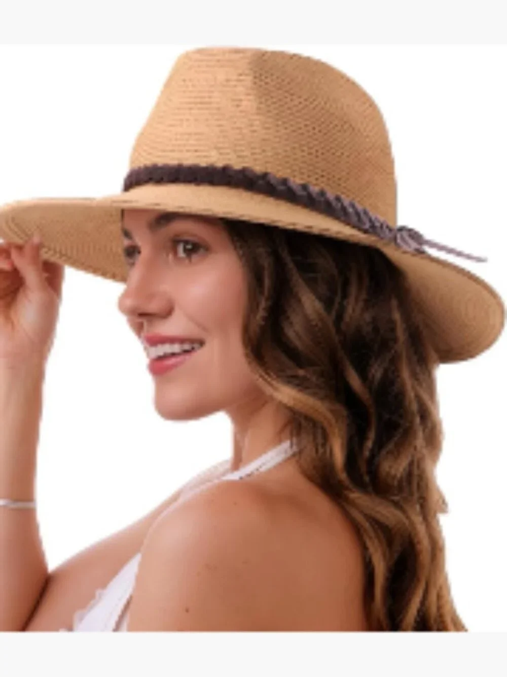 Natural Paper Straw Wide Brim Fedora Sun Hat UPF50+ Adjustable